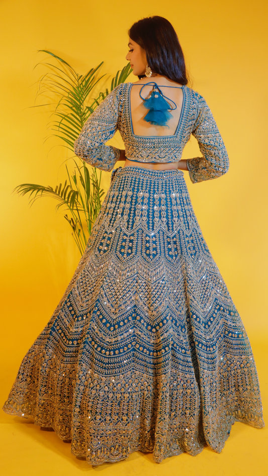 Aqua Blue Net Crop Top Lehenga