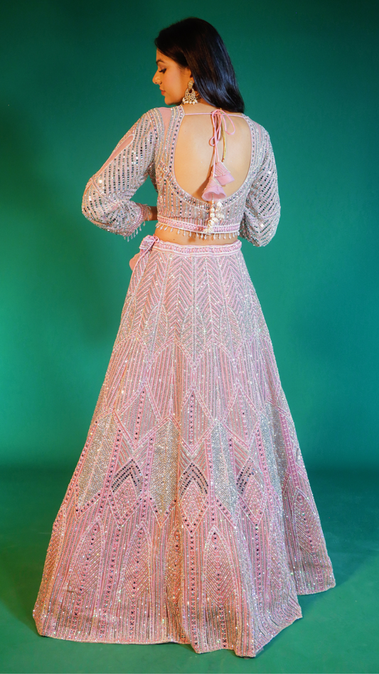 Off White Pink Net Crop Top Lehenga