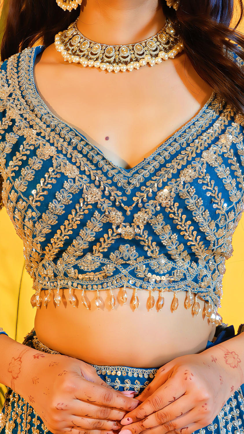 Aqua Blue Net Crop Top Lehenga