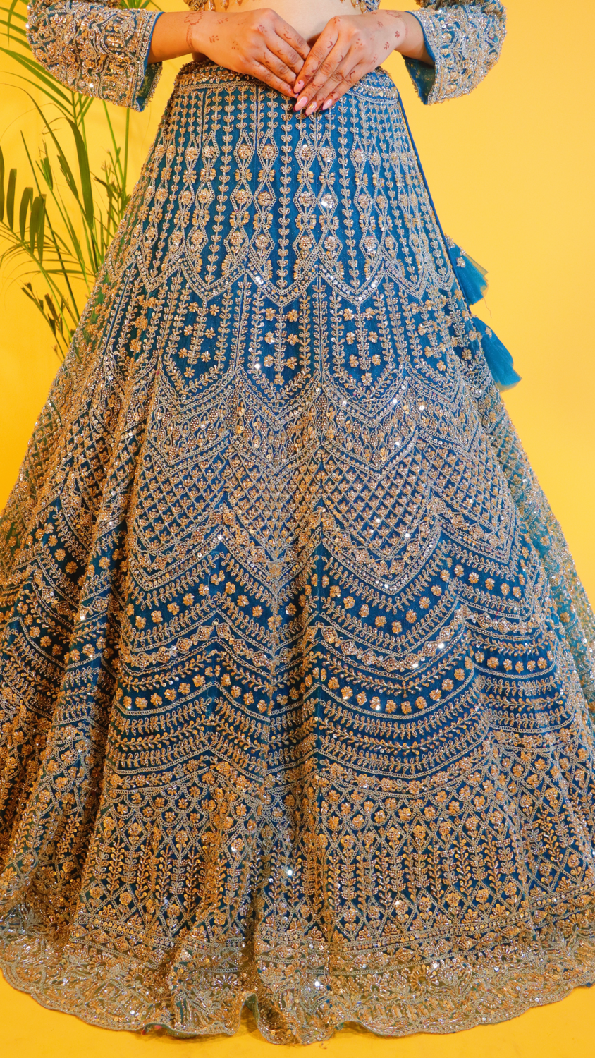 Aqua Blue Net Crop Top Lehenga