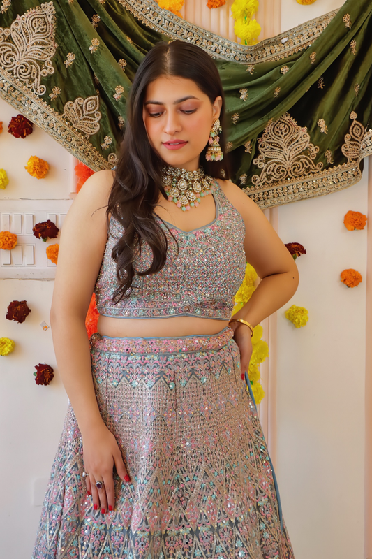 Pink Grey Pastel Lehenga