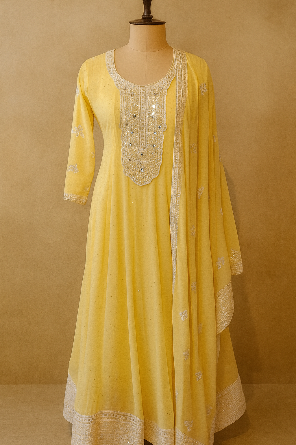 Yellow Georgette Floor-Length Frock with Dupatta