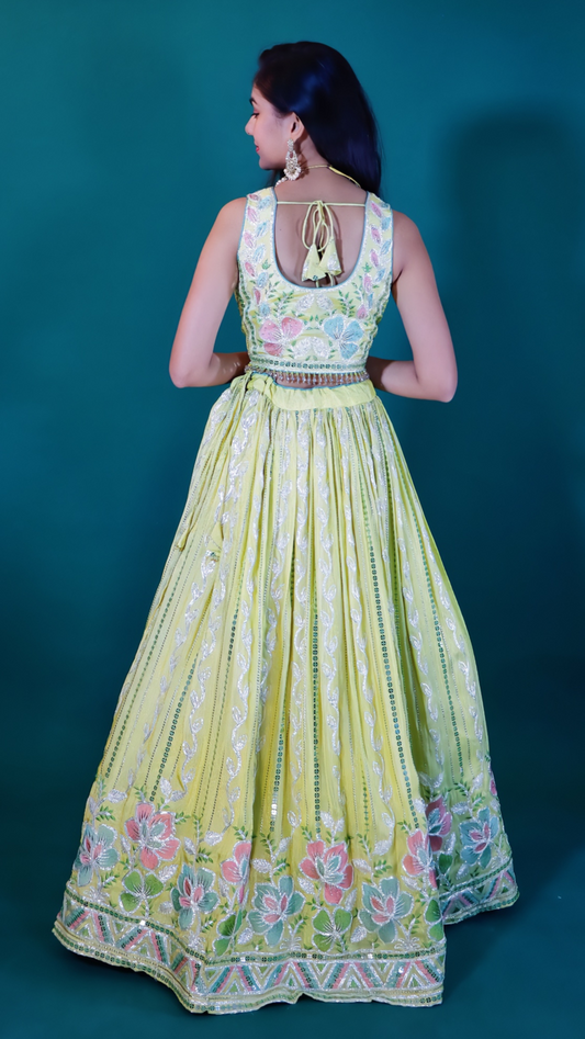 Elegant Yellow Thread Embroidered Lehenga