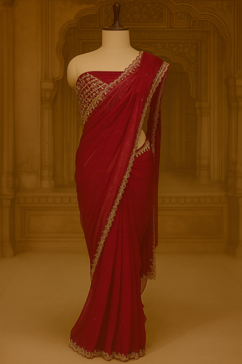 Crimson Red Georgette Saree with Intricate Gold Embroidered Border and Blouse Detailing