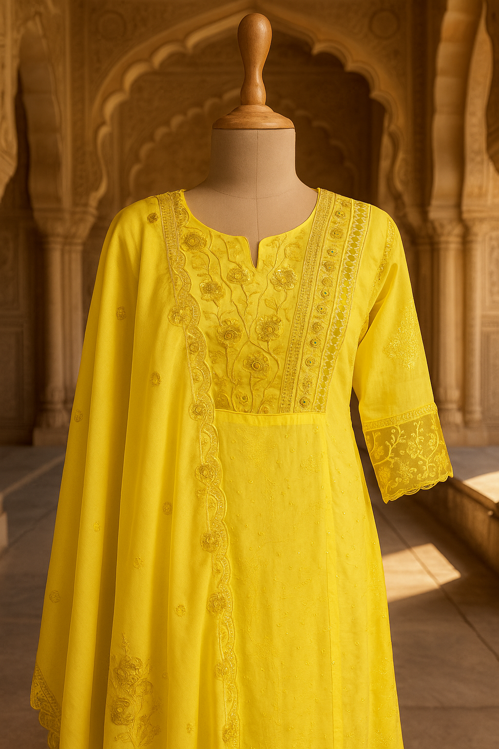 Yellow Cotton Frock Kurti with Pant & Dupatta