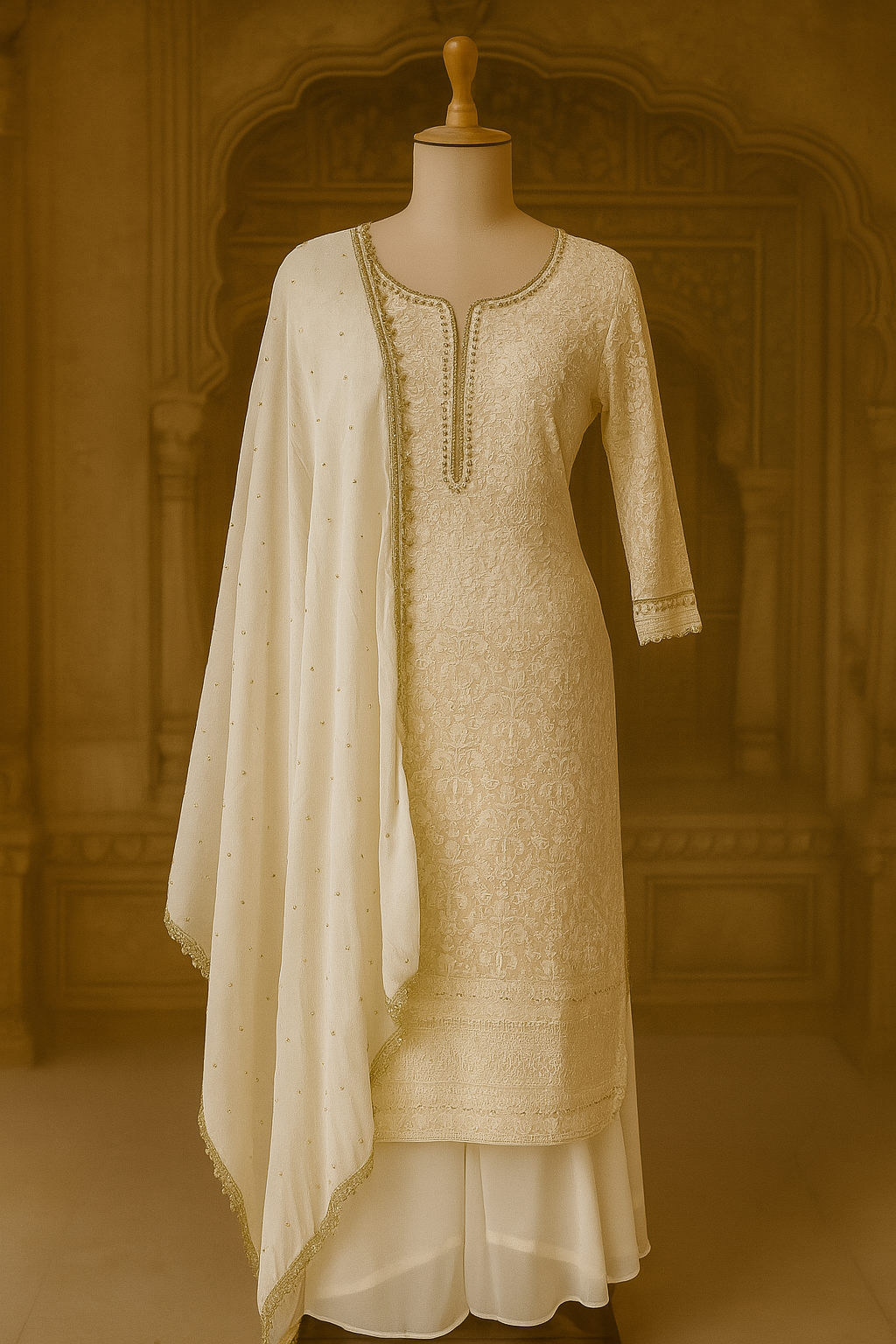 Georgette Kurti with Palazzo & Chiffon-Silk Dupatta