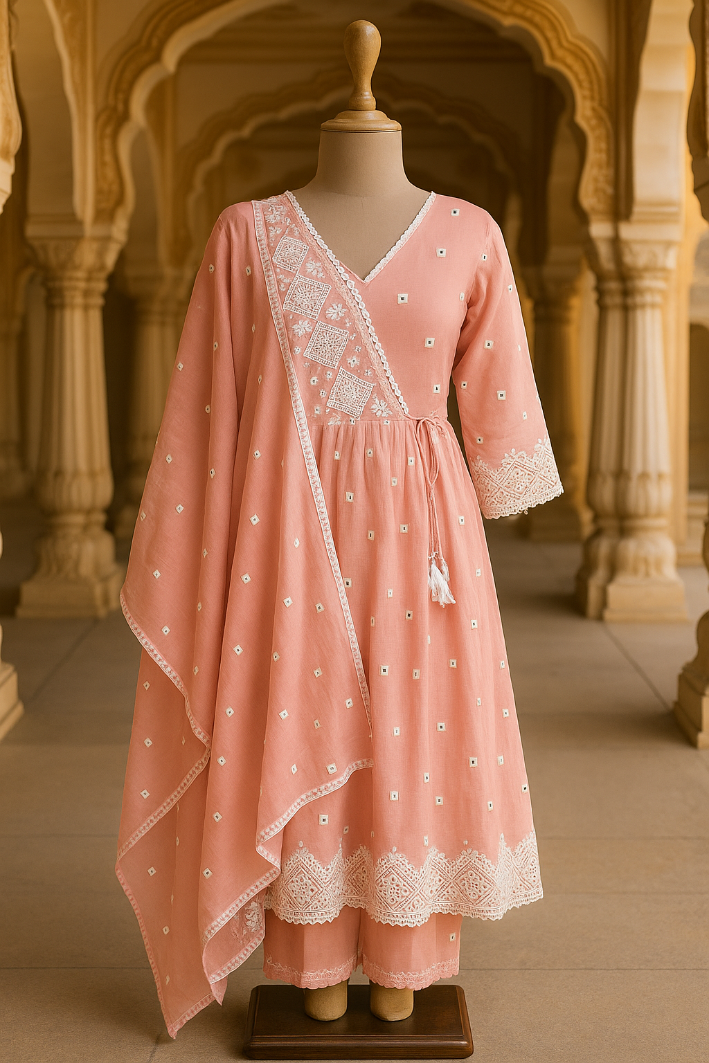Peach Cotton Frock Kurti with Pant & Dupatta