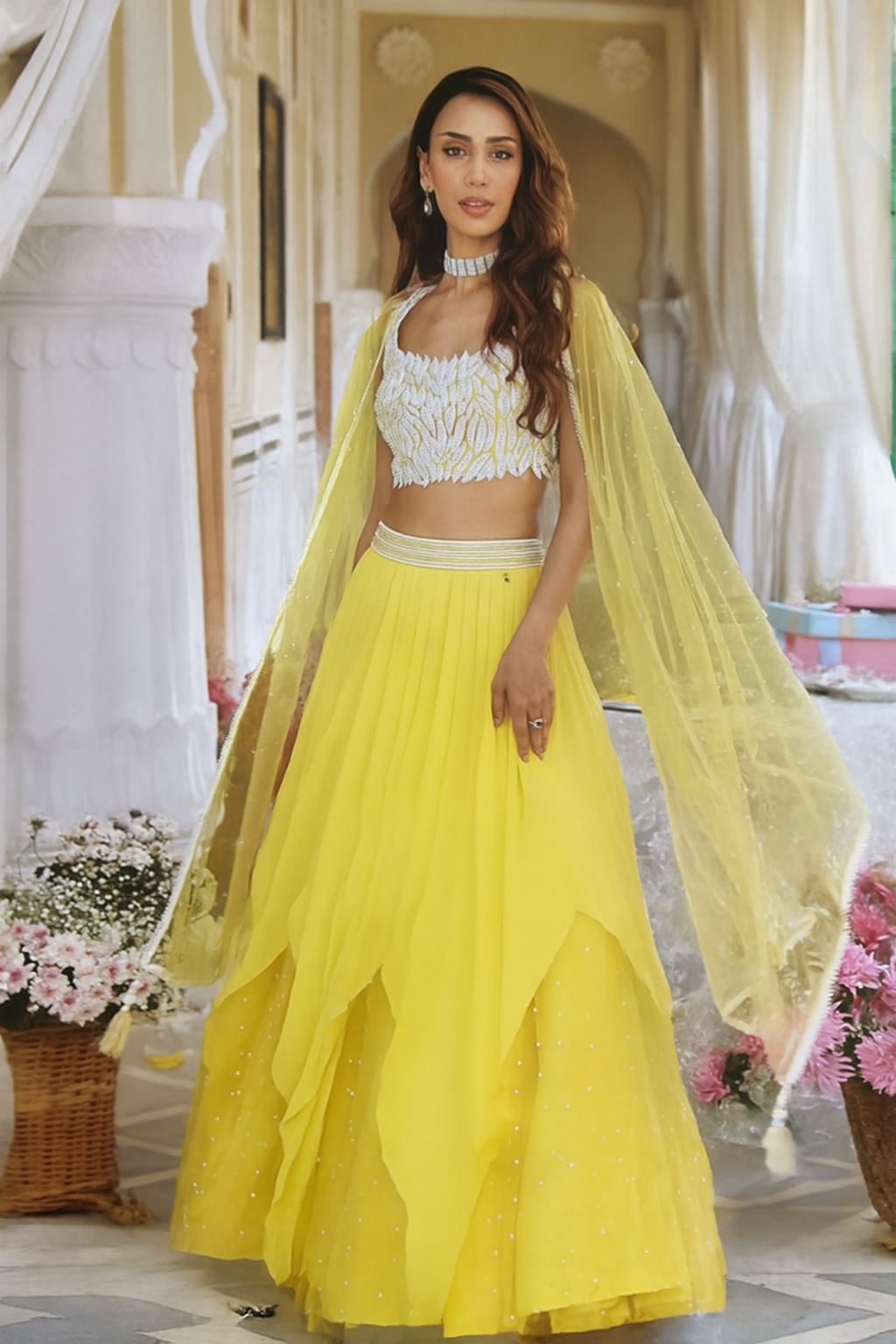 Yellow Pearl Work Net Lehenga Set