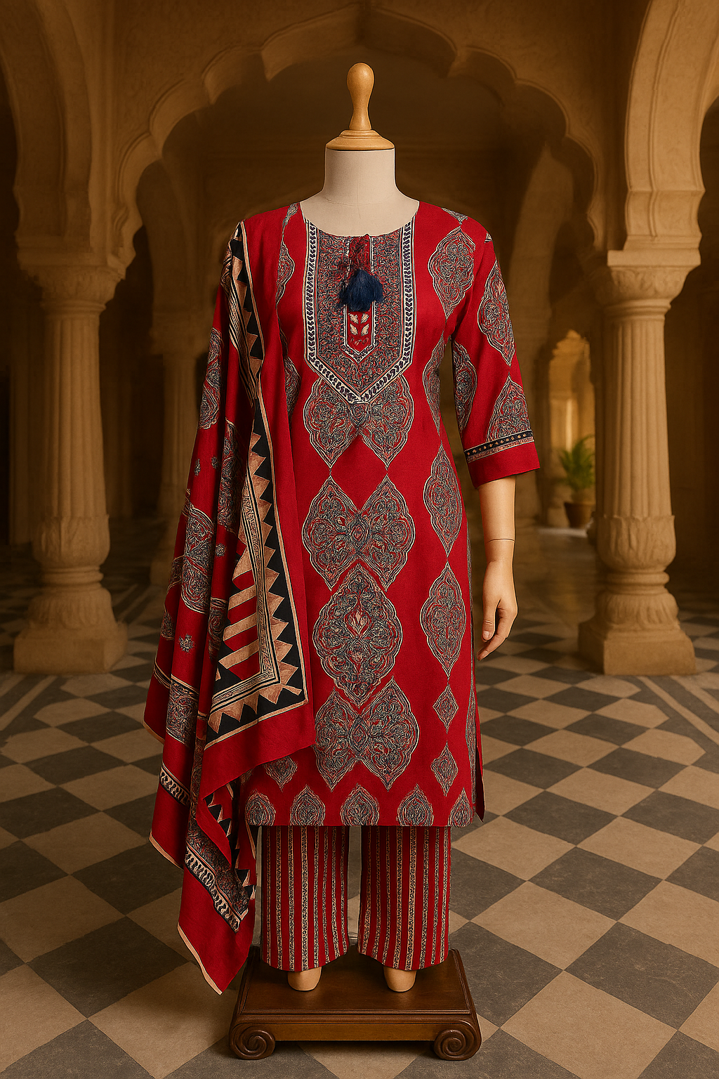 Red Cotton Stitched Suit with Printed Design
