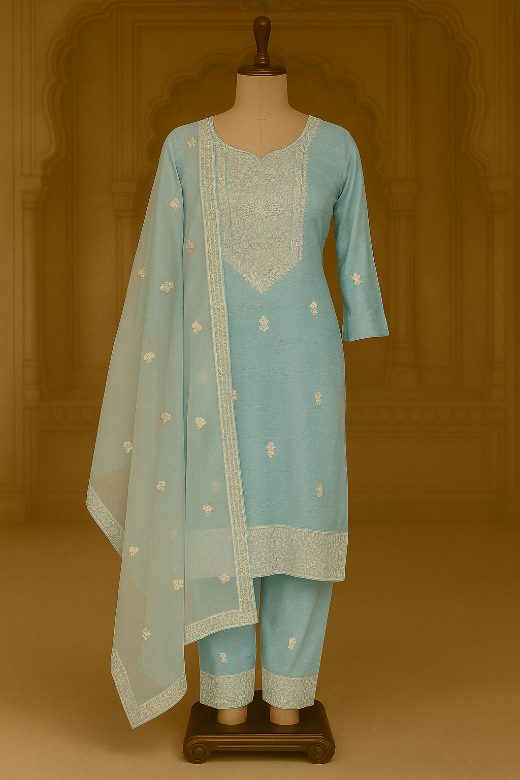 Powder Blue Rayon Kurti with Pant & Georgette Dupatta