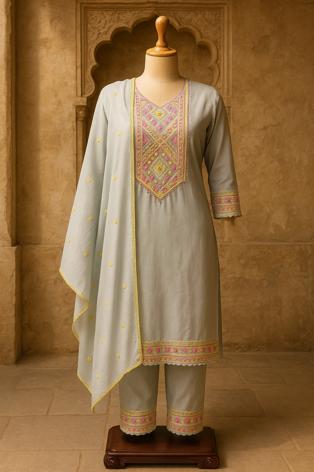 Sky Blue Cotton Kurti with Pant & Dupatta