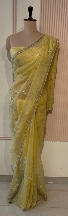 Lemon Yellow Net Saree with Silver Embroidery