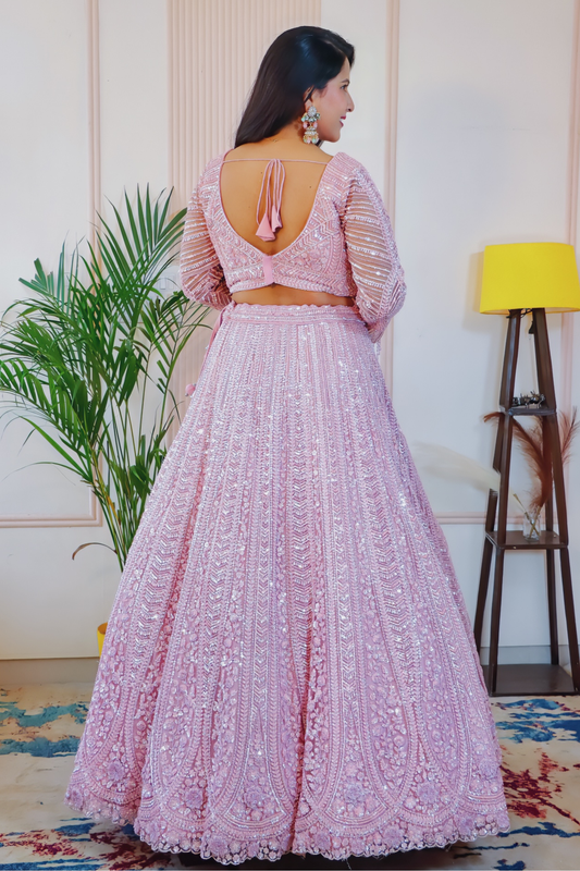 Blush Pink Net Embellished Lehenga Set