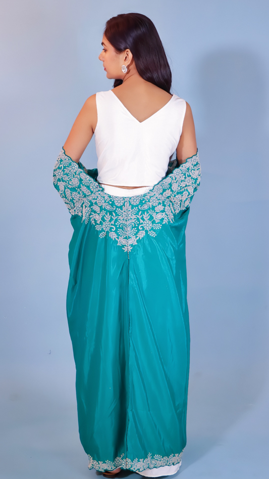 Off-White & Green Dhoti Style Dress with Shrug