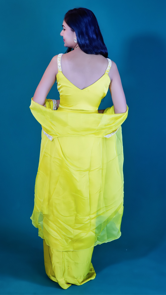 Yellow Satin Silk Dhoti Style Dress with Shrug