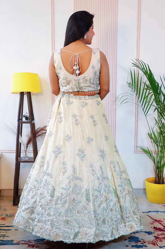 Off White & Green Lehenga