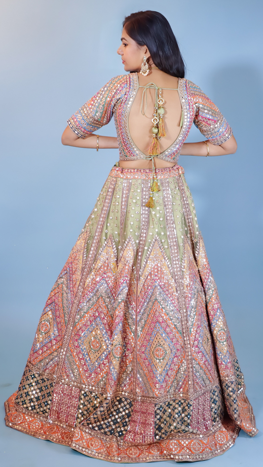 Multicolor Raw Silk Lehenga