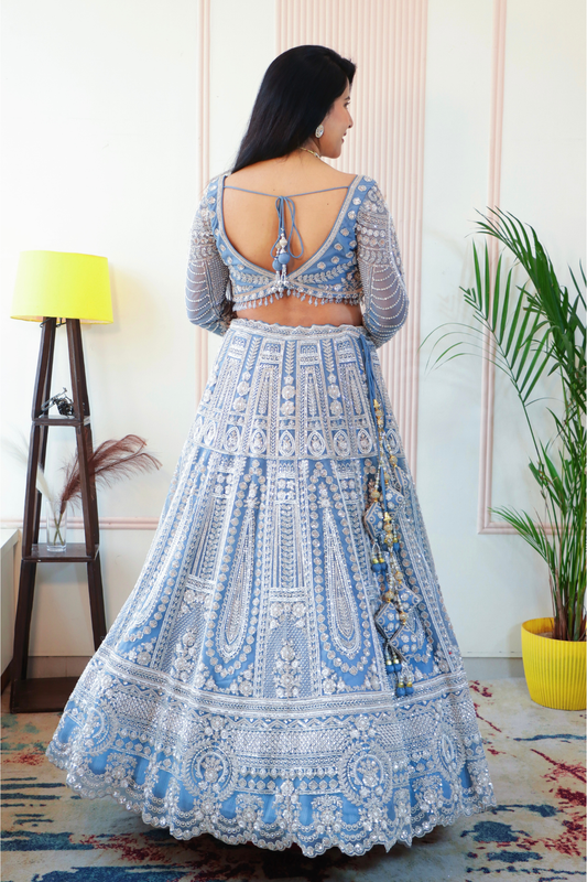 Teal Blue Sparkle Crop Top Lehenga