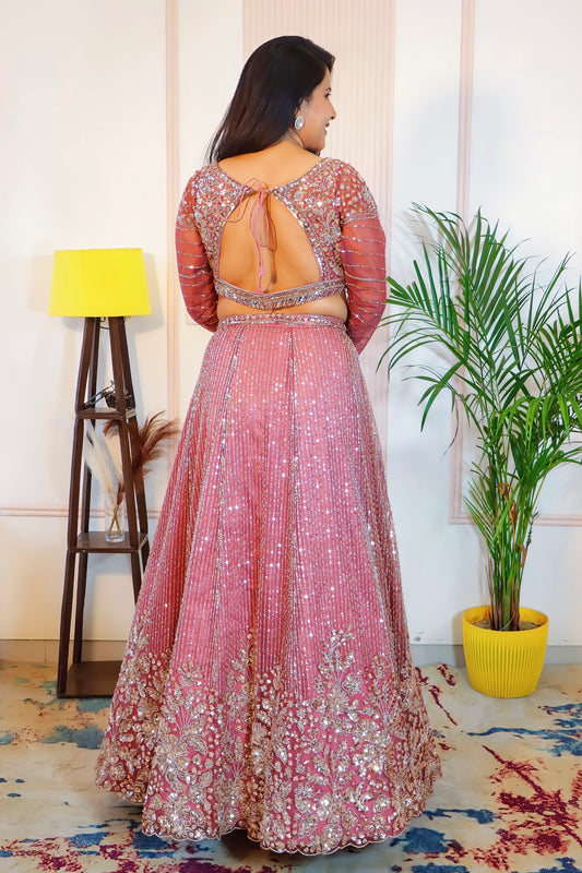 Pink Net Crop Top Lehenga