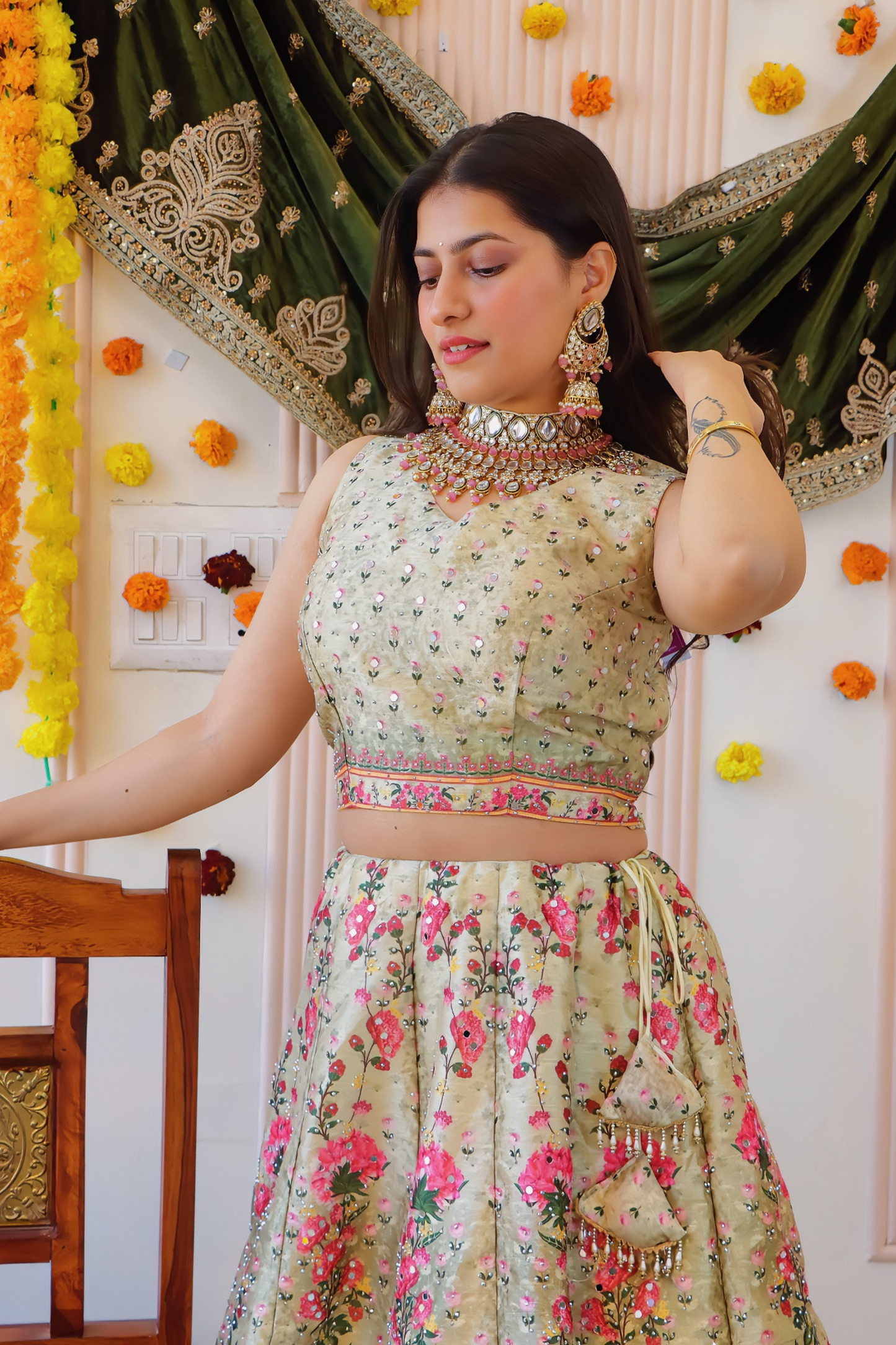 ivory Floral Print Lehenga