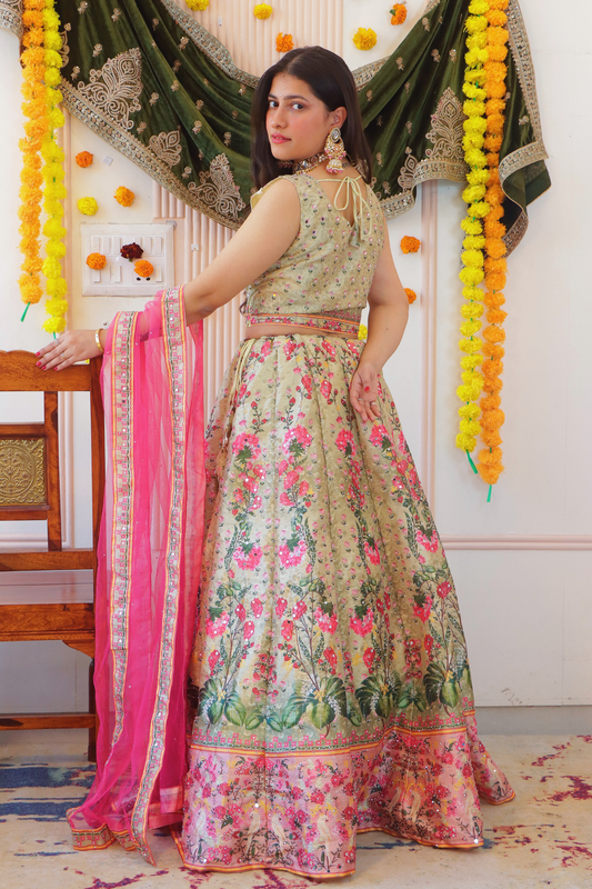 ivory Floral Print Lehenga