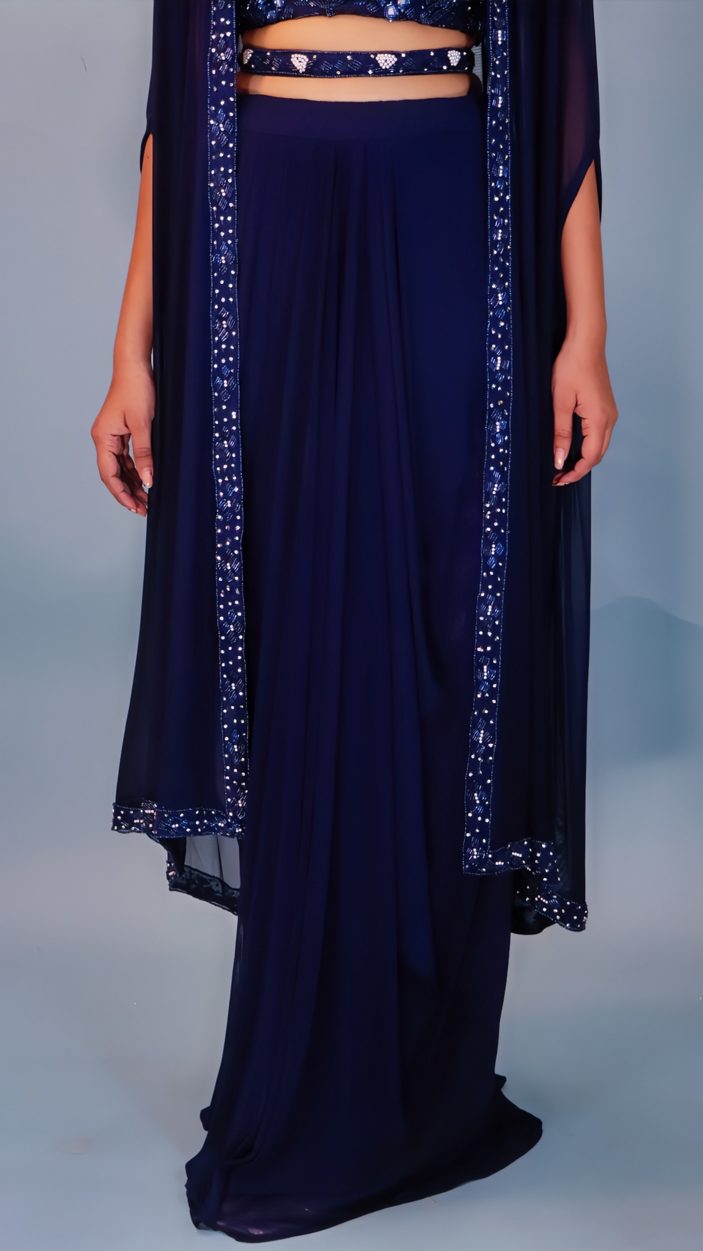 Navy Blue Dhoti Style Dress with Shrug