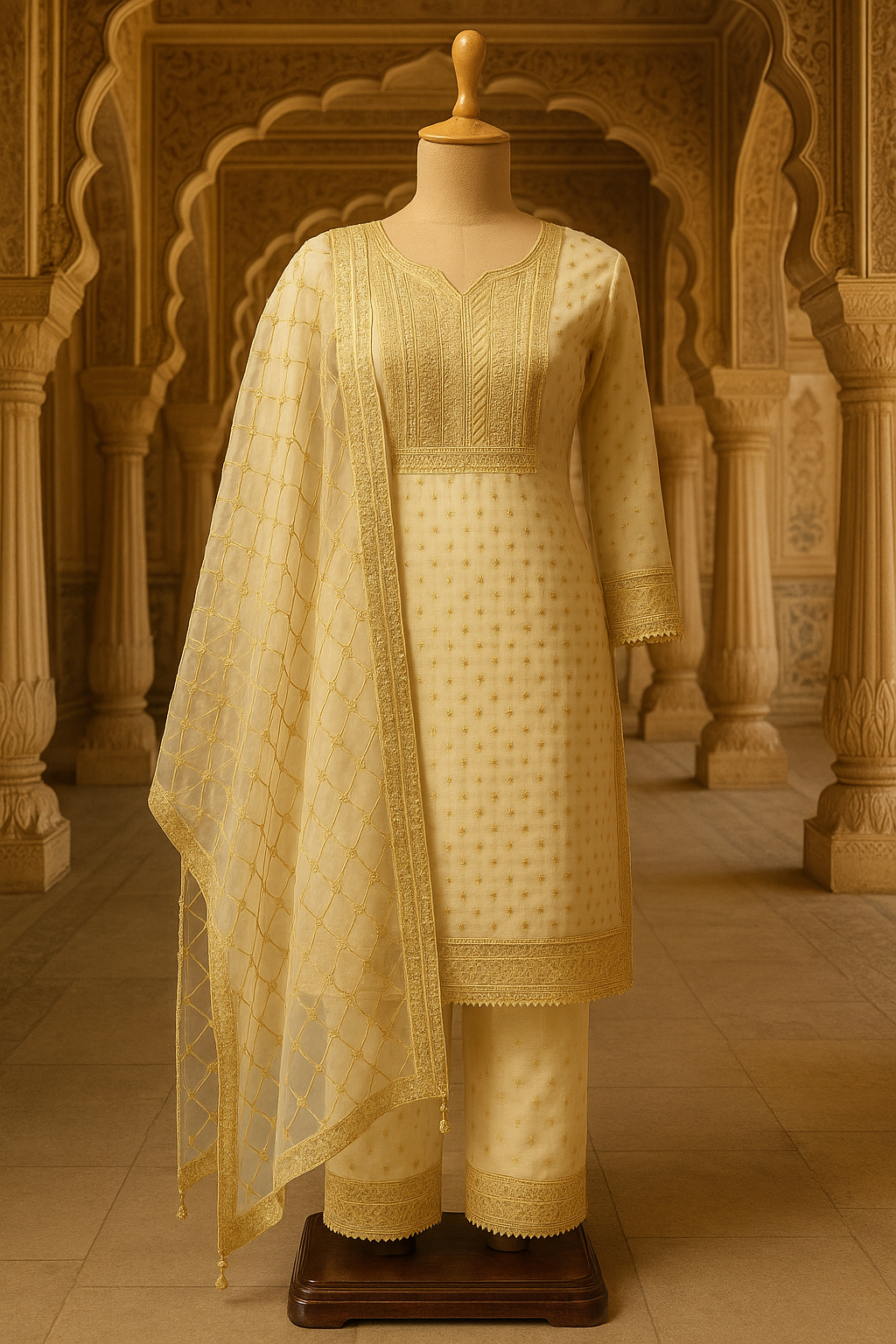 Off White Chanderi Silk Kurti with Pant & Net Dupatta