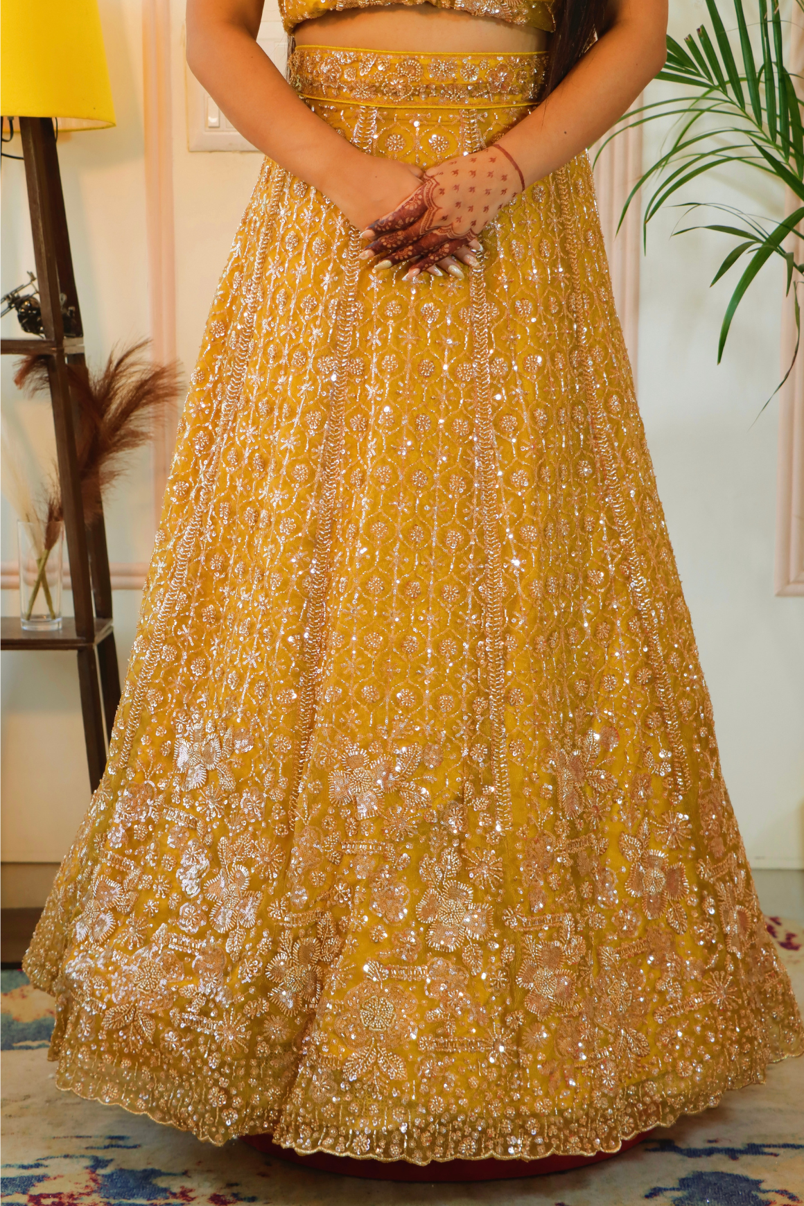 Mustard Yellow Unstitched Crop Top Lehenga