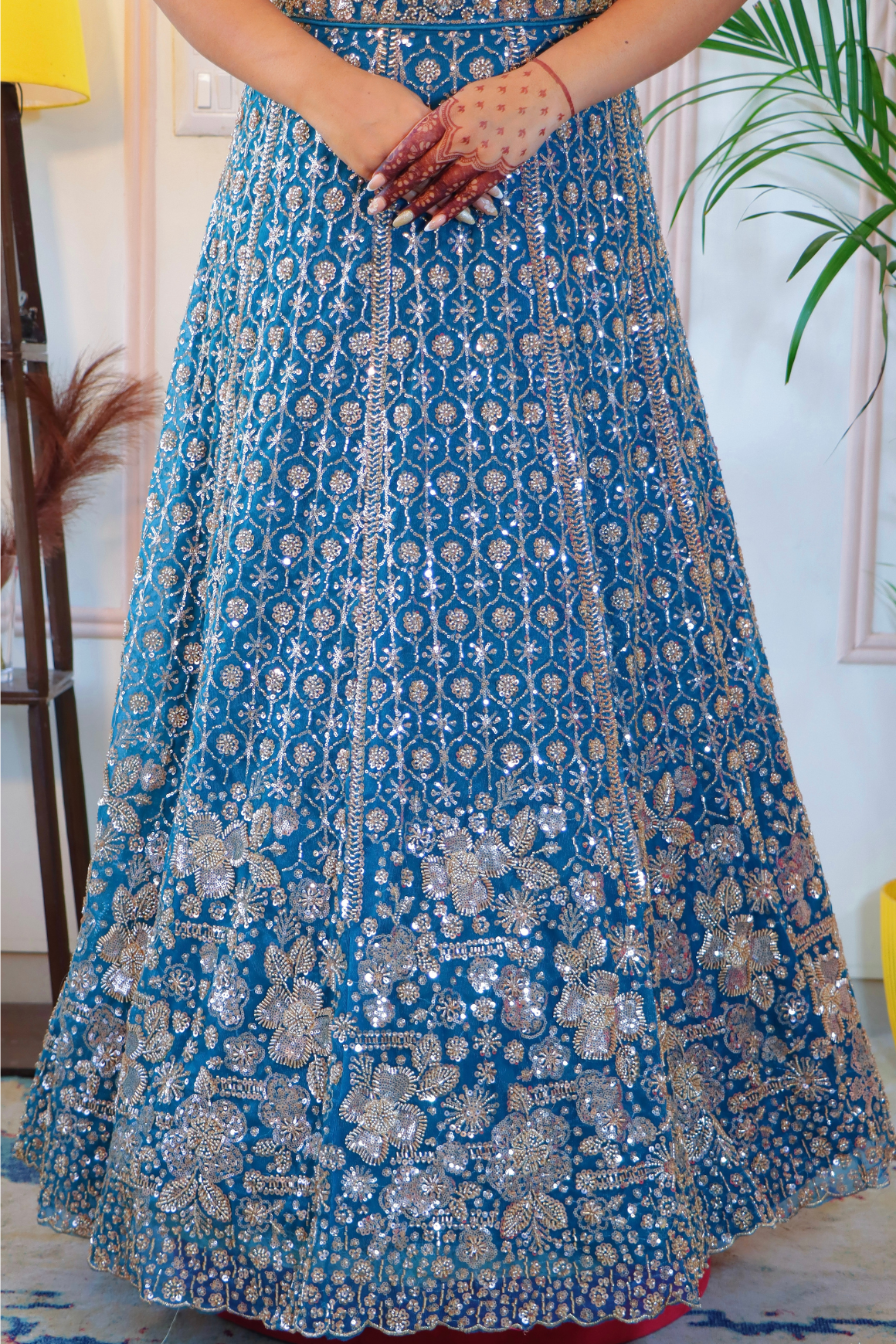 Royal Blue Net Unstitched Crop Top Lehenga