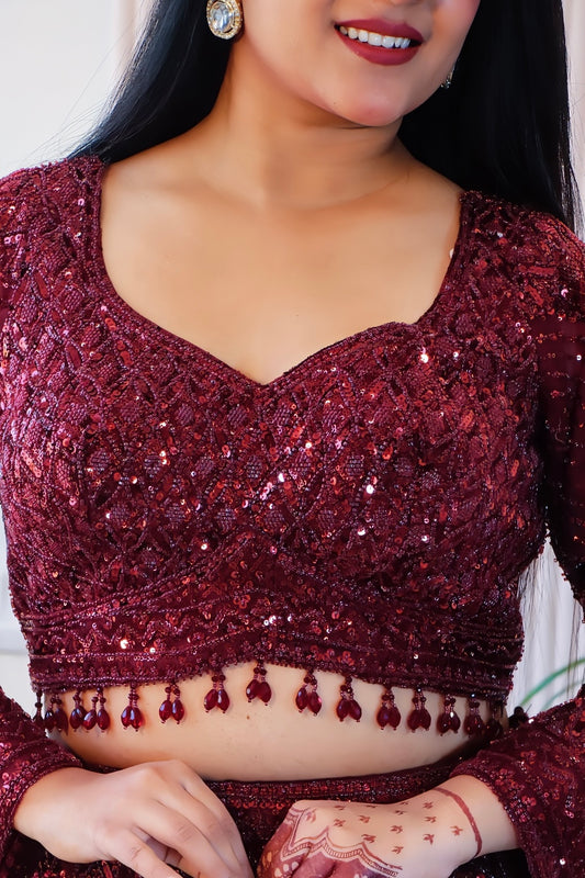 Maroon Net Fish Cut Lehenga