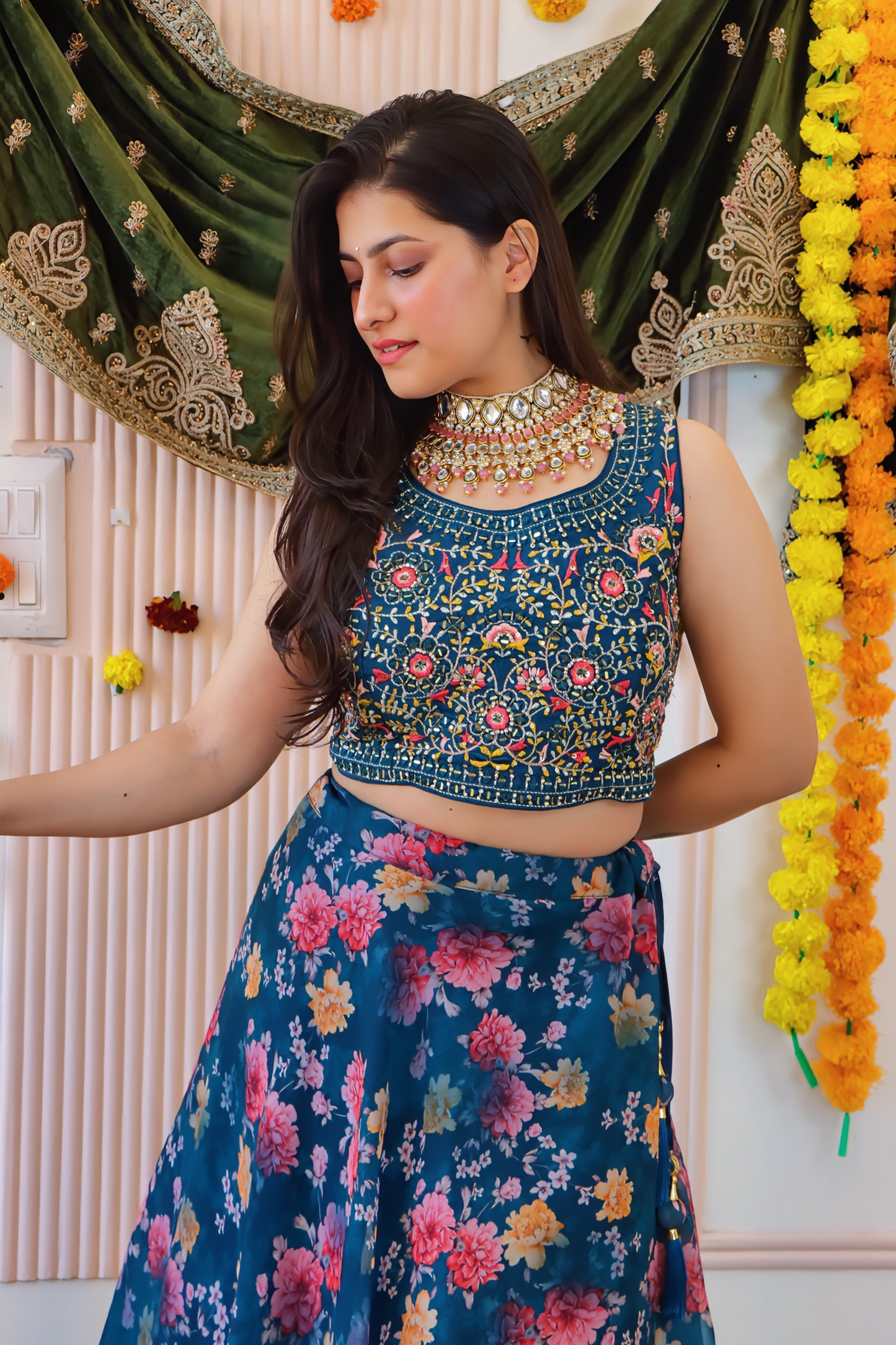 Navy Blue Floral Lehenga
