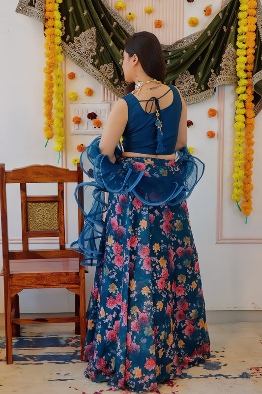 Navy Blue Floral Lehenga