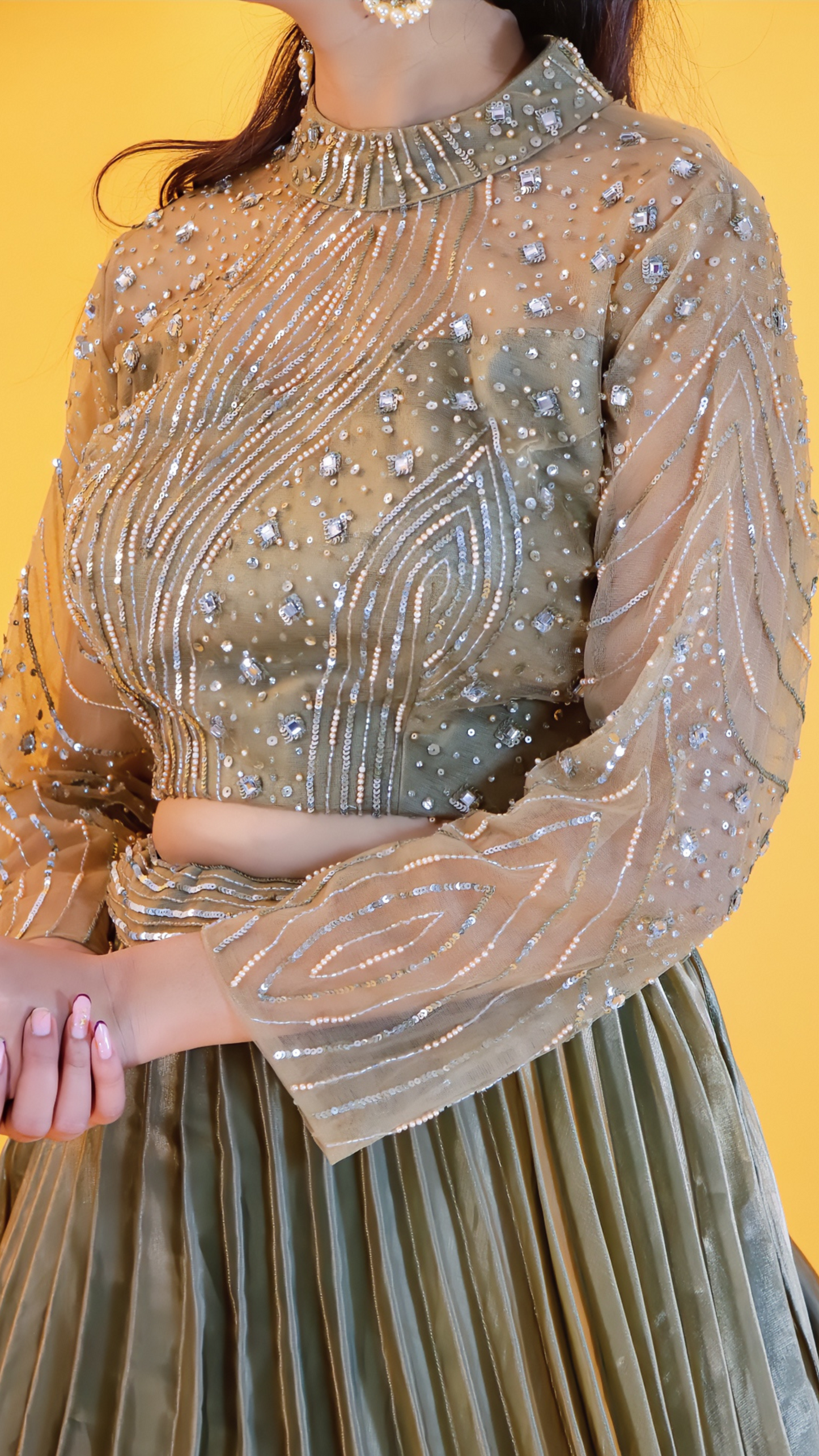 Olive Green Satin Lehenga