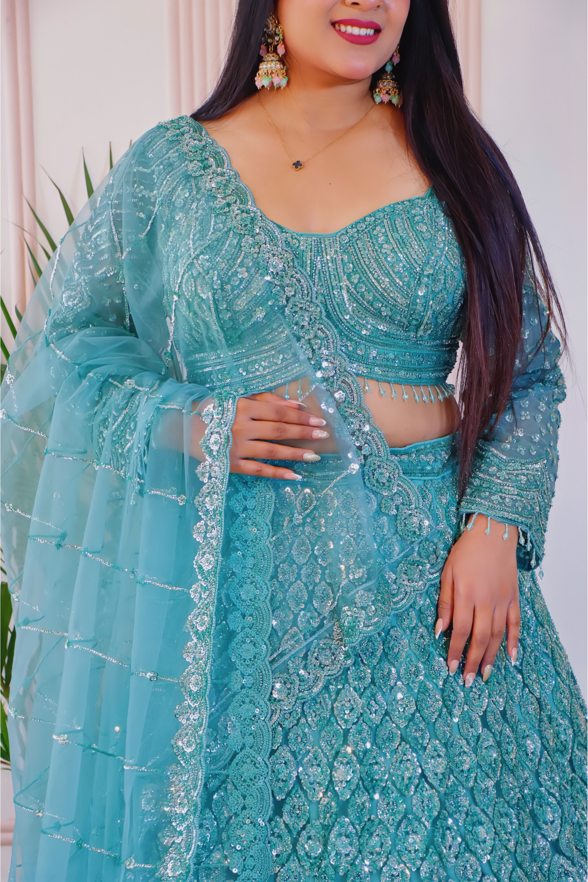 Teal Green Net Lehenga