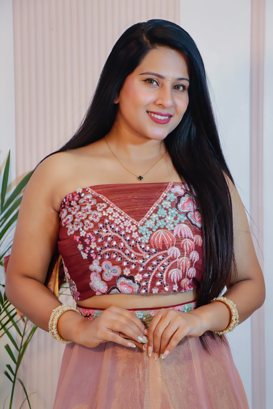 Brown Chinnon Silk Unstitched Lehenga