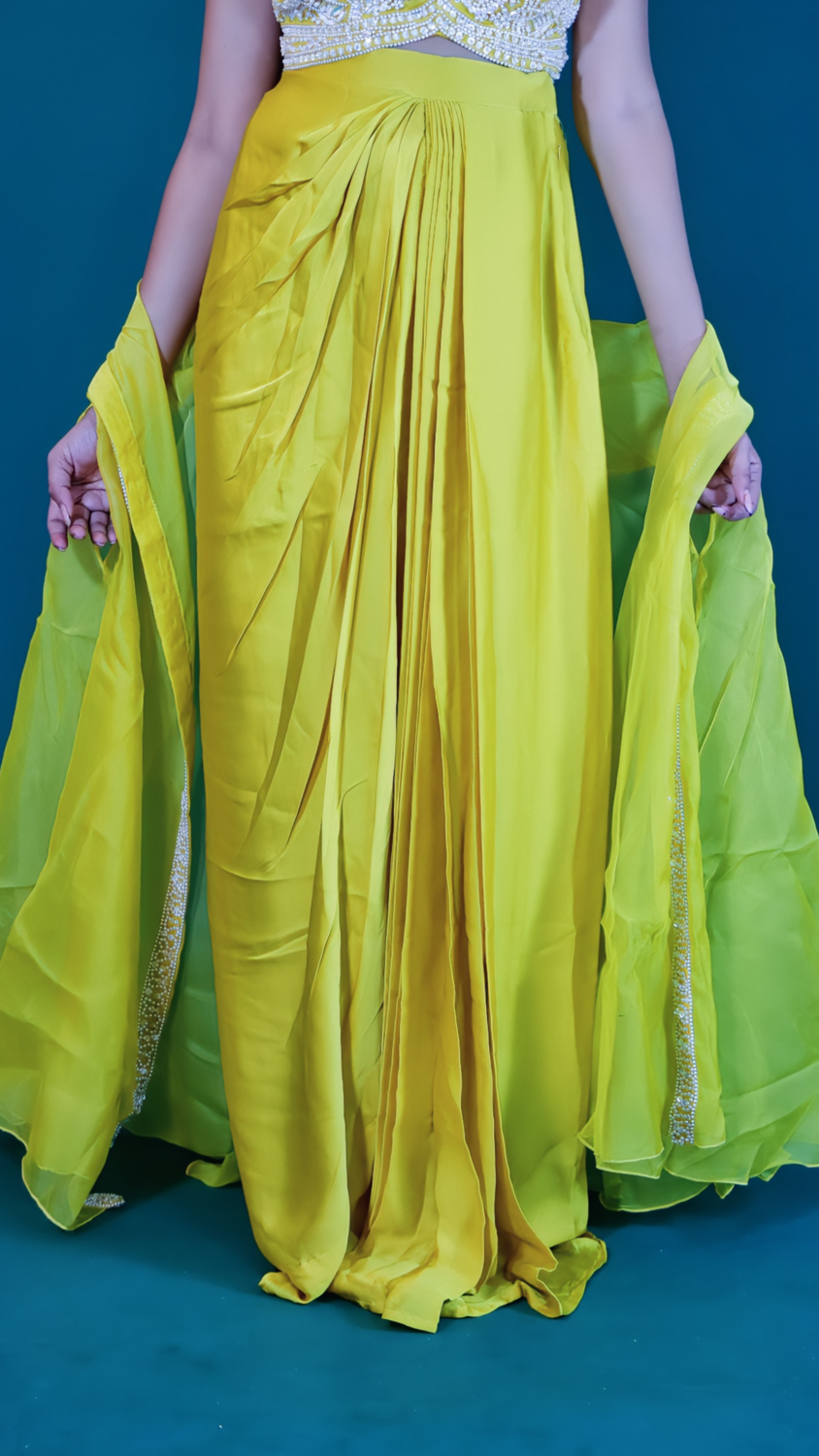 Yellow Satin Silk Dhoti Style Dress with Shrug