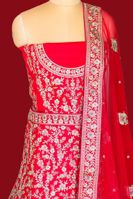 Tomato Red Raw Silk Bridal Lehenga