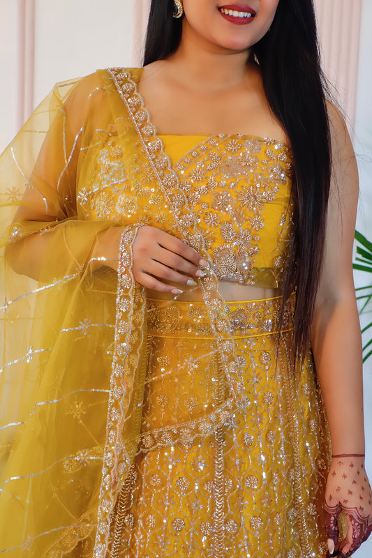 Mustard Yellow Unstitched Crop Top Lehenga