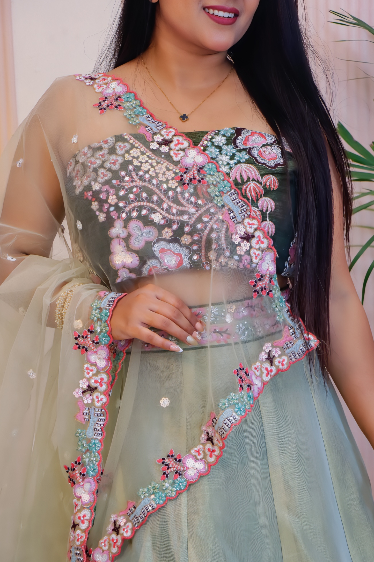 Green Chinnon Silk Unstitched Lehenga