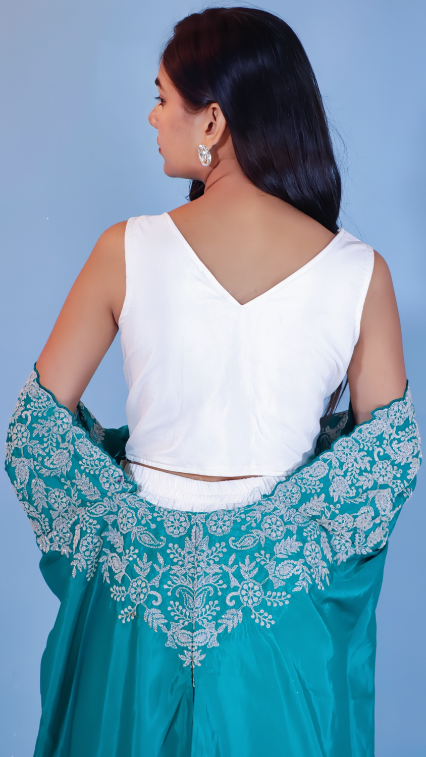 Off-White & Green Dhoti Style Dress with Shrug