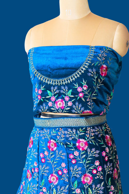 Peacock Blue Velvet Bridal Lehenga
