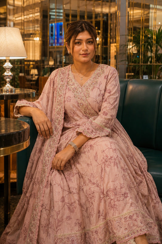 Blush Pink Floral Printed Cotton Anarkali Suit Set