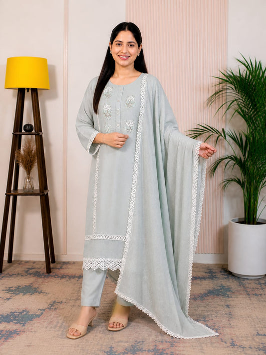 Serene Mist Embroidered Kurta Set with Dupatta