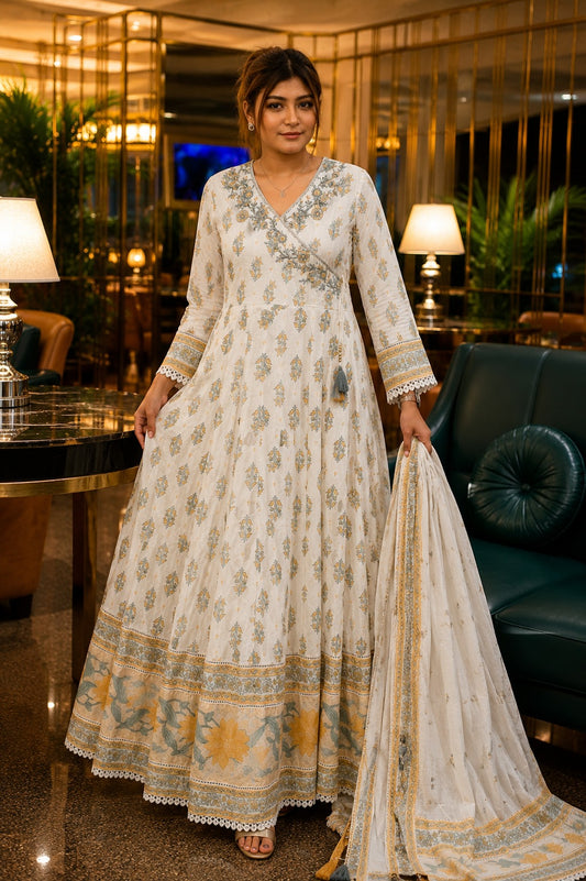 Ivory Yellow Floral Printed Cotton Anarkali Suit Set with Dupatta