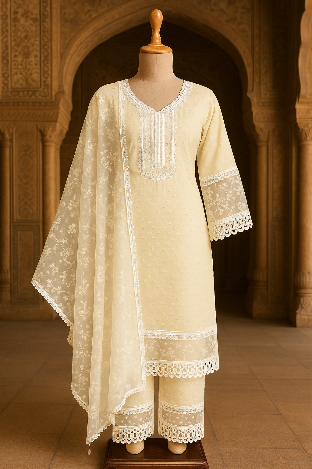 Ivory Lace-Trim Suit Set