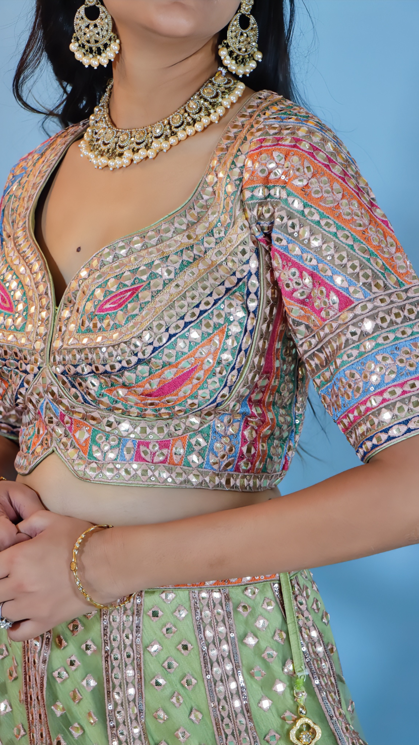 Multicolor Raw Silk Lehenga