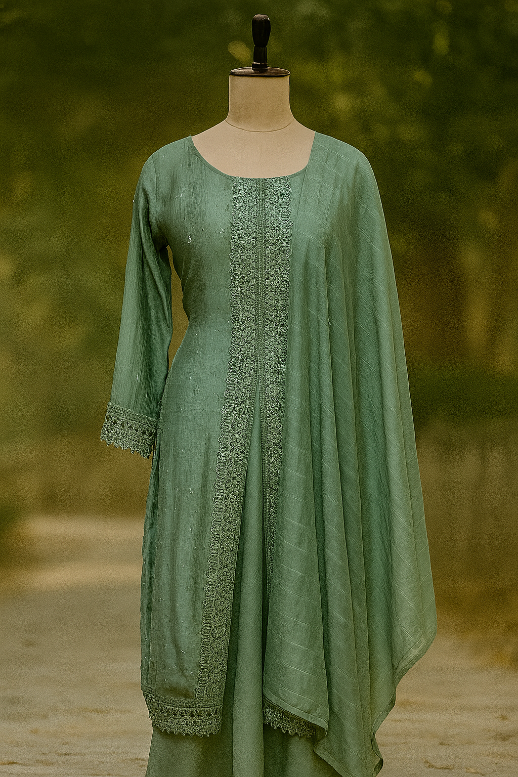 Sage Green Flared Kurta Set with Tonal Thread Detailing & Dupatta