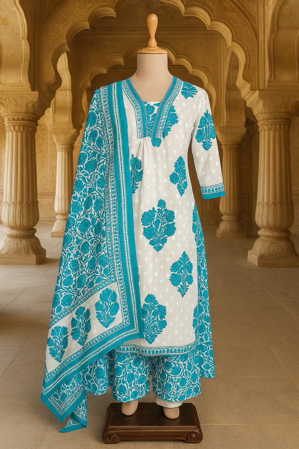 White & Teal Ethnic Co-Ord Set