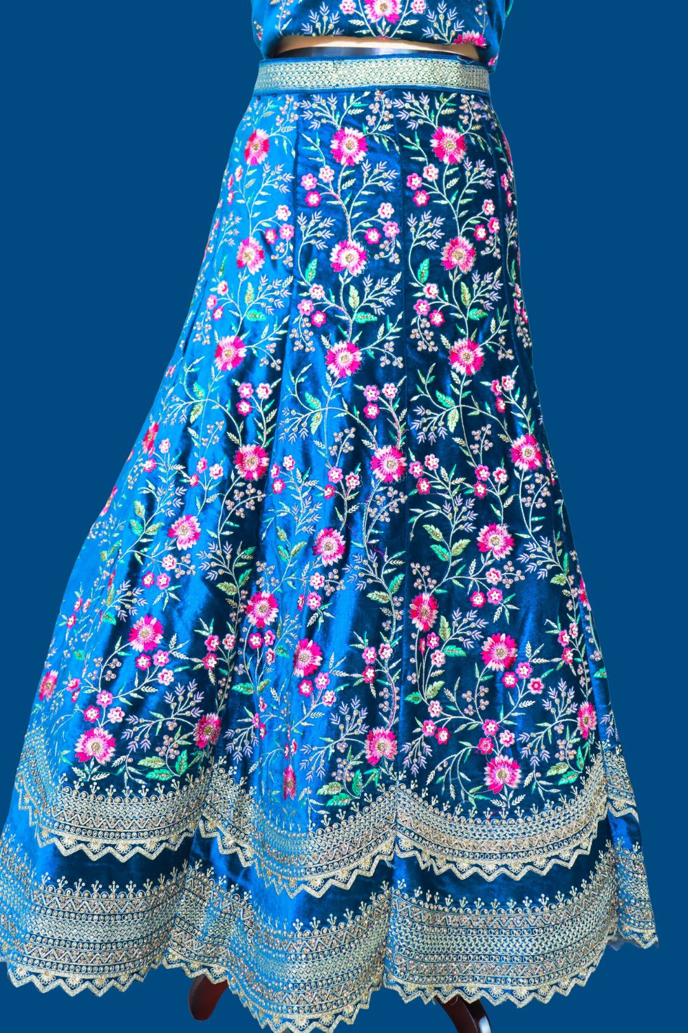 Peacock Blue Velvet Bridal Lehenga