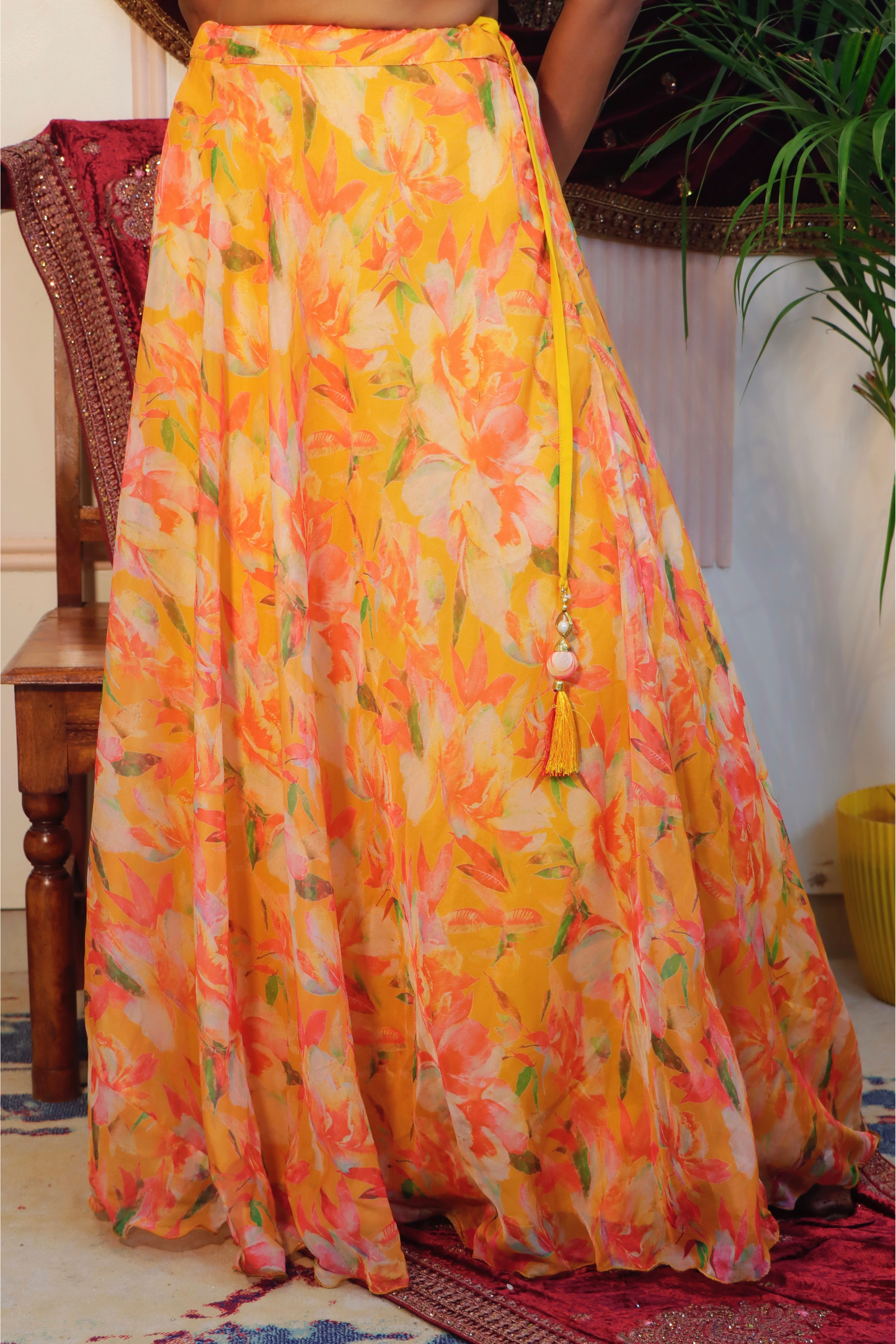 Yellow Floral Crop Top Lehenga